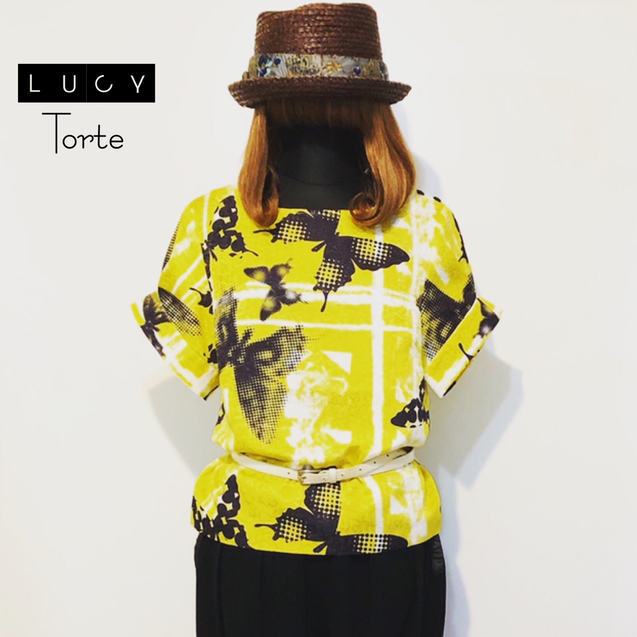 DOTバタフライ柄ボートネックTOP【LEMON】