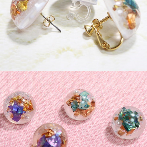 金箔】ダイヤのウッドレジンピアス／イヤリング - 【wood resin