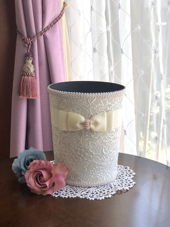 ダストボックス ゴミ箱 リボン レースのローズ柄 ラベルピエス