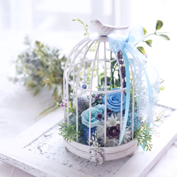 幸せを運ぶ青い鳥かごアレンジ♪ギフトにも[プリザーブド＆アーティ