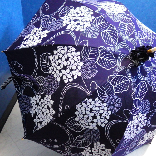 紫陽花柄の浴衣生地で作られた日傘　美品　ハンドメイド和装小物