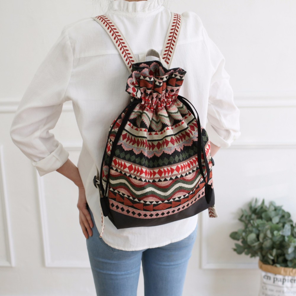 巾着通勤通学用のリュック ドリンクホルダー 背面ポケット