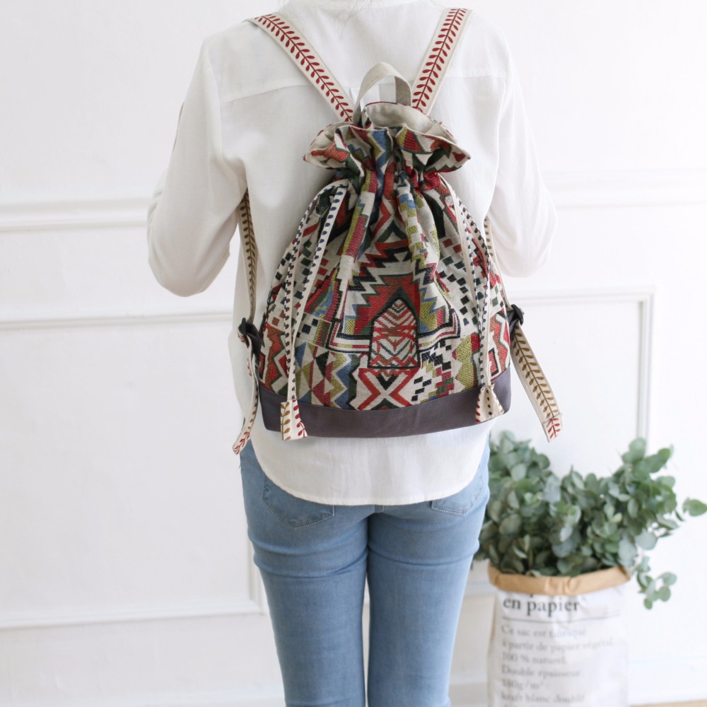 夏巾着バッグジャガードリュック北欧柄