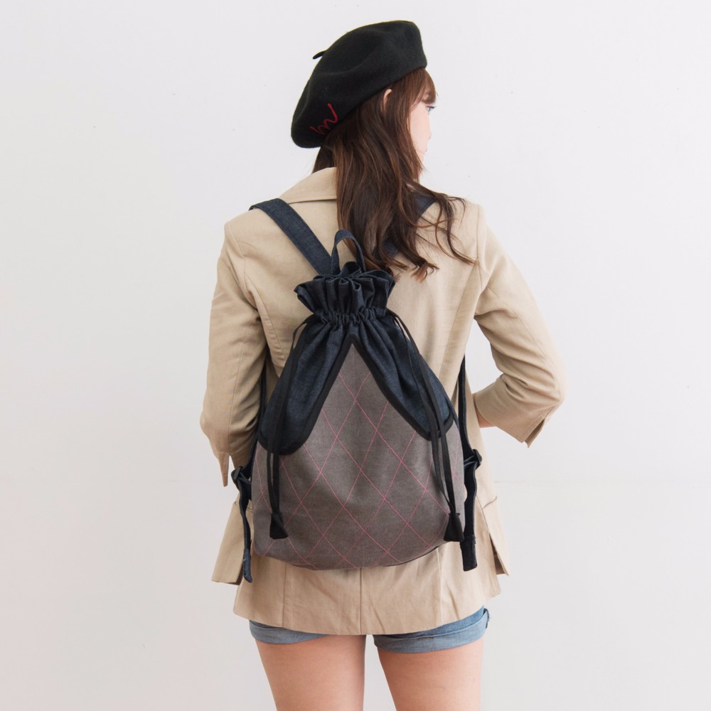 夏巾着デニム グレー外部大きなポケット旅行リュック