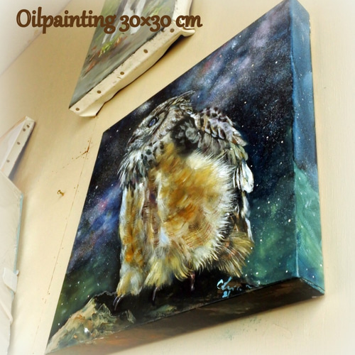受注制作フクロウの油絵S4正方形パネル 絵画 mimoza 通販