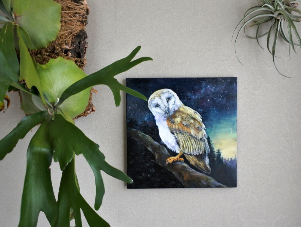 油絵　フクロウカフェ 絵画〉「梟」アクリル・油絵 （原画） | art yoko