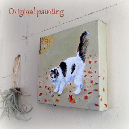 ねこと落ち葉の油絵 20角パネル 絵画 mimoza 通販 4902597