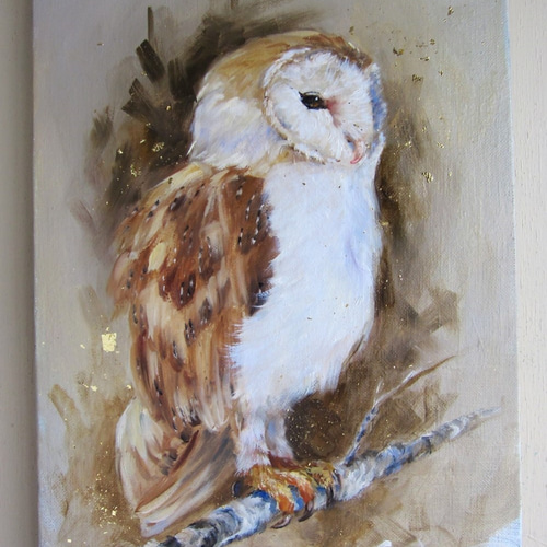 油絵　メンフクロウ　「知る」 油絵 メンフクロウ 「知る」 メンフクロウの油絵S4正方形パネル