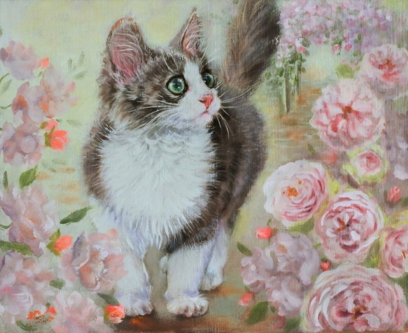 油絵 絵画【猫とピンク薔薇】 油絵 絵画【猫とピンク薔薇】 猫と薔薇」 by こけを｜Artmeter