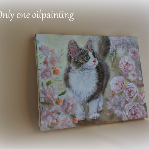 ネコと薔薇の油絵F3号 絵画 mimoza 通販 9629093｜Creema(クリーマ)