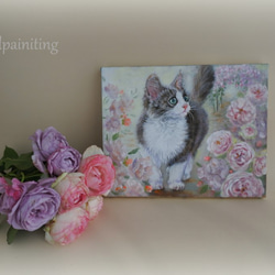 ネコと薔薇の油絵F3号 3枚目の画像