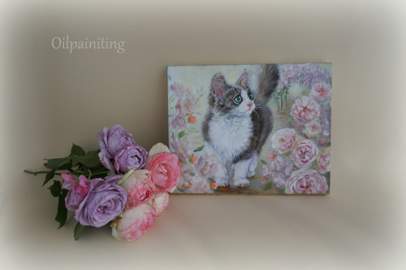ネコと薔薇の油絵F3号 3枚目の画像