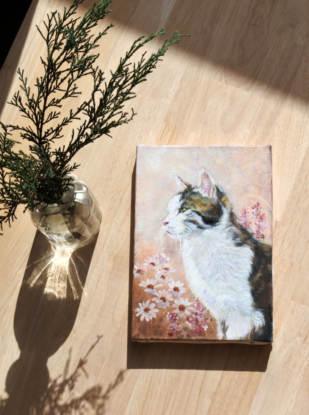ねことデイジーの小さい油絵 絵画 mimoza 通販 9695102｜Creema