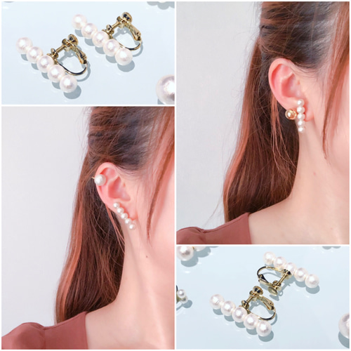 片耳用】5連コットンパールイヤリング(金具縦向き) ゴールド／シルバー