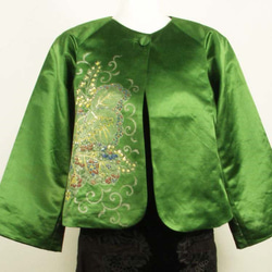 袋帯をリメイクしたジャケット ノーカラー フォーマル 手描きの点描絵が華やか グリーン系 1枚目の画像
