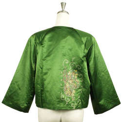 袋帯をリメイクしたジャケット ノーカラー フォーマル 手描きの点描絵が華やか グリーン系 5枚目の画像
