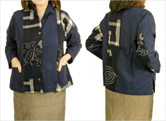 紺絣の着物をリメイクしたブラウス コットン100% フリーサイズ 春秋冬 送料無料 6枚目の画像