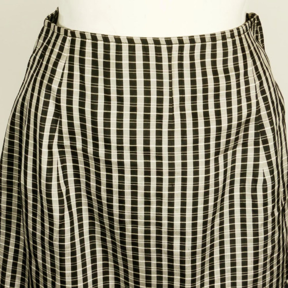 タイシルク100% ギャザー切り替えスカート 黒xグレーチェック パーティーに 4枚目の画像
