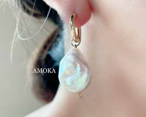 2way 】大きめバロック淡水パール×フープチャンキーピアス