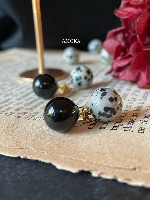 Dalmatian jasper &  Black onyx ピアス 2枚目の画像