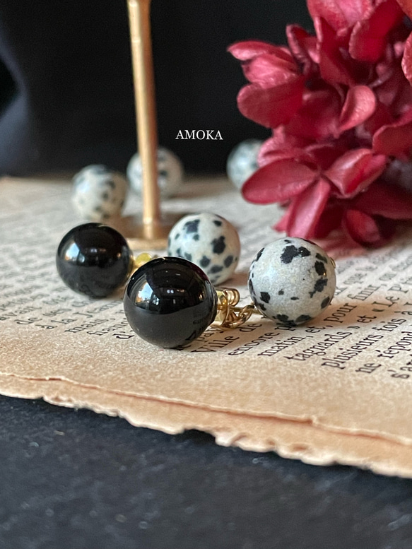 Dalmatian jasper &  Black onyx ピアス 6枚目の画像