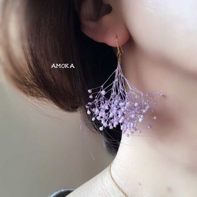 ラベンダー かすみ草 ドライフラワーピアス/イヤリング
