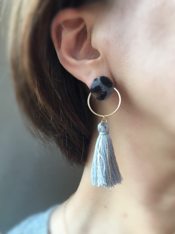 2way  leopard cabochon & tassel ピアス/イヤリング 秋冬 3枚目の画像