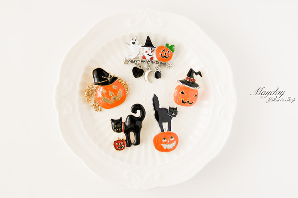 『Halloweenハロウィン～緑色の目の黒猫＆かぼちゃのブローチ』秋 7枚目の画像