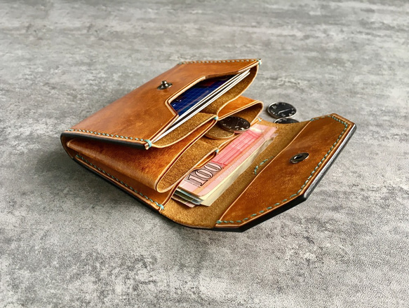 黃棕色手工牛皮名片夾 / 手工真皮零錢包 / yellow brown card wallet 第3張的照片