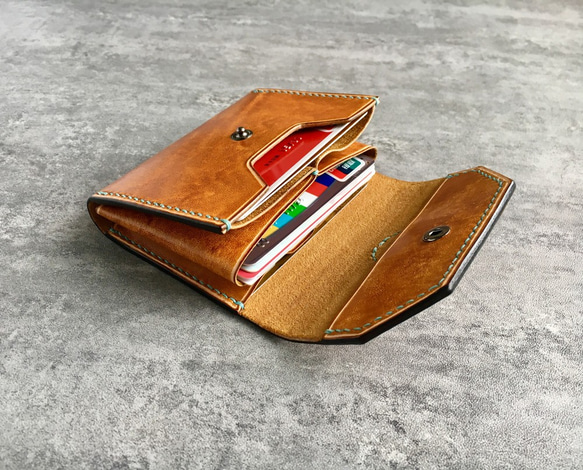 黃棕色手工牛皮名片夾 / 手工真皮零錢包 / yellow brown card wallet 第4張的照片