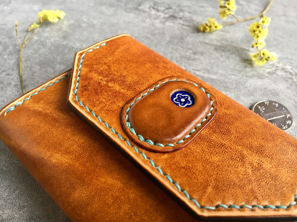 黃棕色手工牛皮名片夾 / 手工真皮零錢包 / yellow brown card wallet 第5張的照片