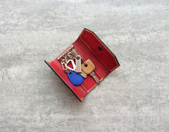 手縫真皮皮革鑰匙包 6鑰匙掛鉤 紅色鑰匙包 免費客製化 第5張的照片