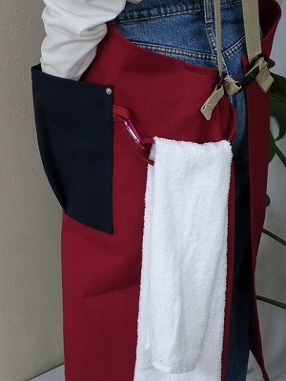 ８号帆布サロペットエプロン　ＳＭサイズ　(赤ワイン×紺）丈夫なエプロン　男女兼用です。 12枚目の画像