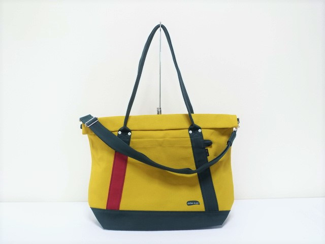 （大）８号帆布蓋巻きショルダートートバック　 イチョウ×濃グリーン・赤ワイン　丈夫でおおきめ