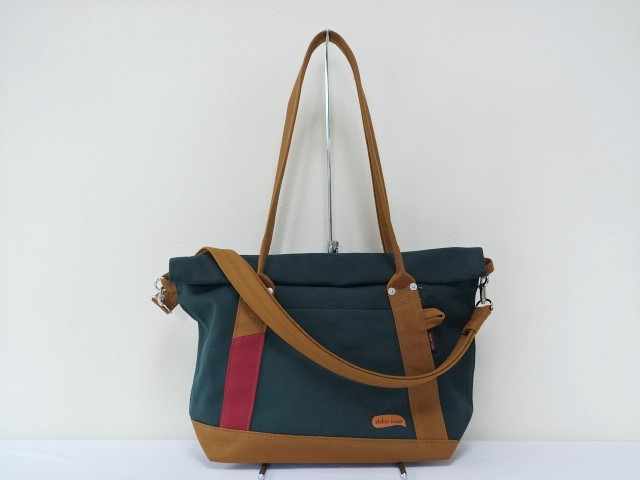 （小）濃グリーン/キャメル　赤ワイン ８号帆布ふた巻きショルダートートバック　　　男女兼用です。
