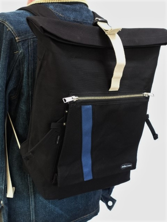 （大）帆布バックパック・黒×黒・インディゴブルー　26ｃ尻合わせファスナー・雨カバー付き 8枚目の画像