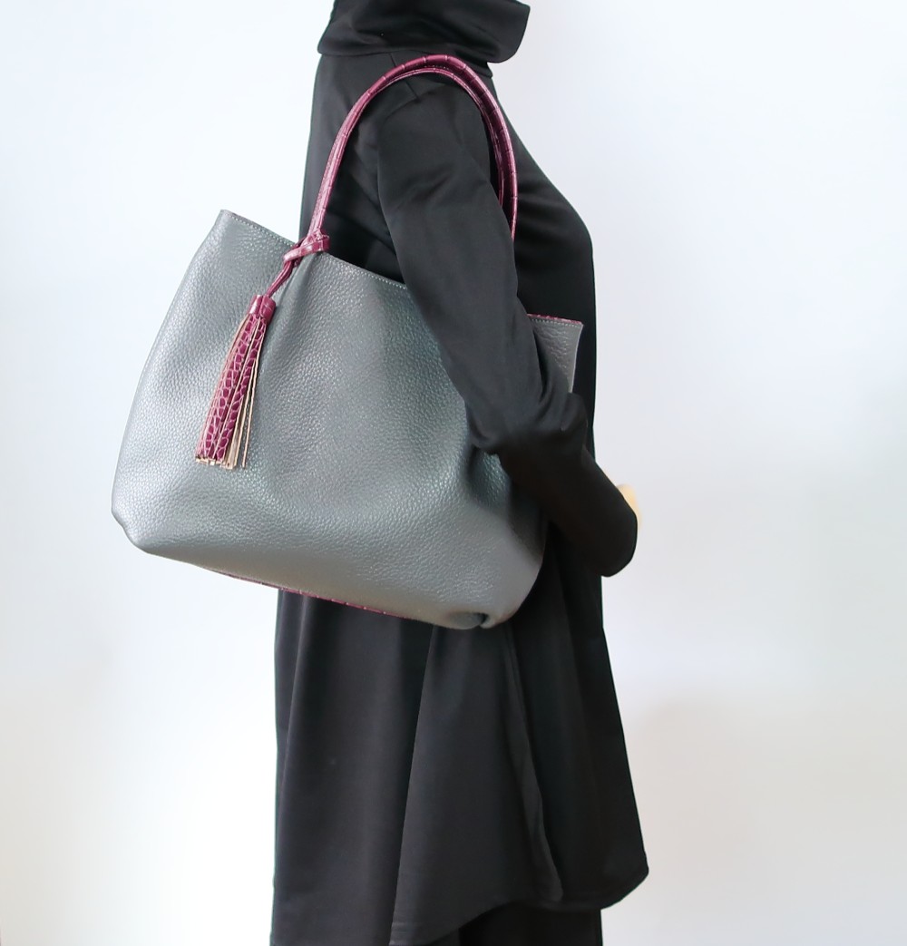 ふんわりタックトート（M)☆彡ダークグレー×パープル・受注製作