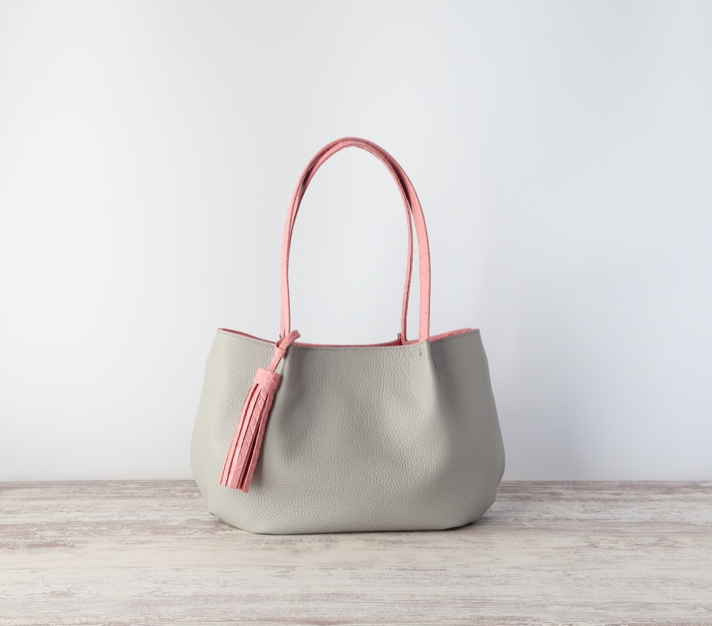 ふんわりタックトート（SS)☆彡ライトグレー×ピンク・受注製作
