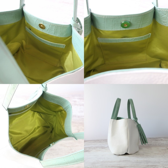 ふんわりタックトート（SS)☆彡アニマルファー×レザー・モノトーン・受注製作・牛柄・軽量 7枚目の画像