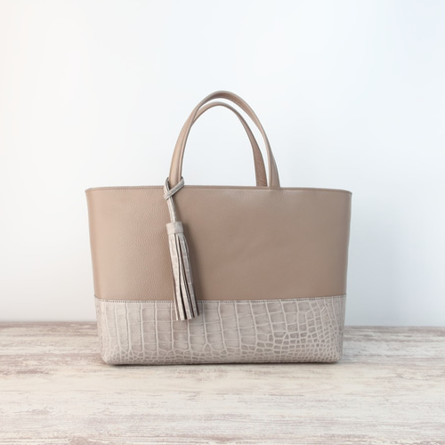 よこ長トートbag（Lサイズ）☆彡グレージュ×グレー・受注製作