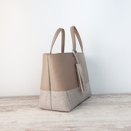 よこ長トートbag（Lサイズ）☆彡グレージュ×グレー・受注製作