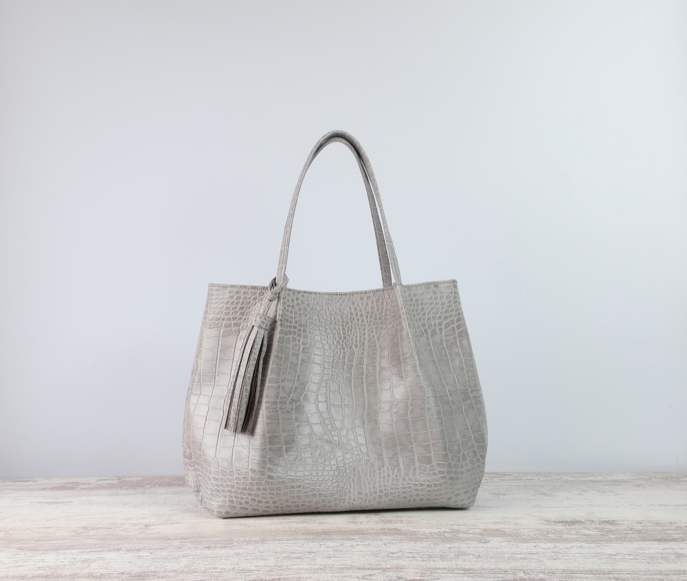 ふんわりタックトート(L)☆彡グレー(手紐同色ver)・受注製作・Ａ4サイズ