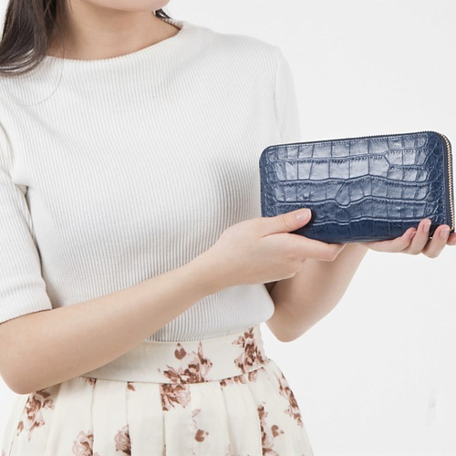 ヴェルサーチ 付属品完備 メデューサ 長財布 クロコ型押し レザー ネイビー 極美品✨ サンヒデアキミハラ メール型長財布 クロコ型押し