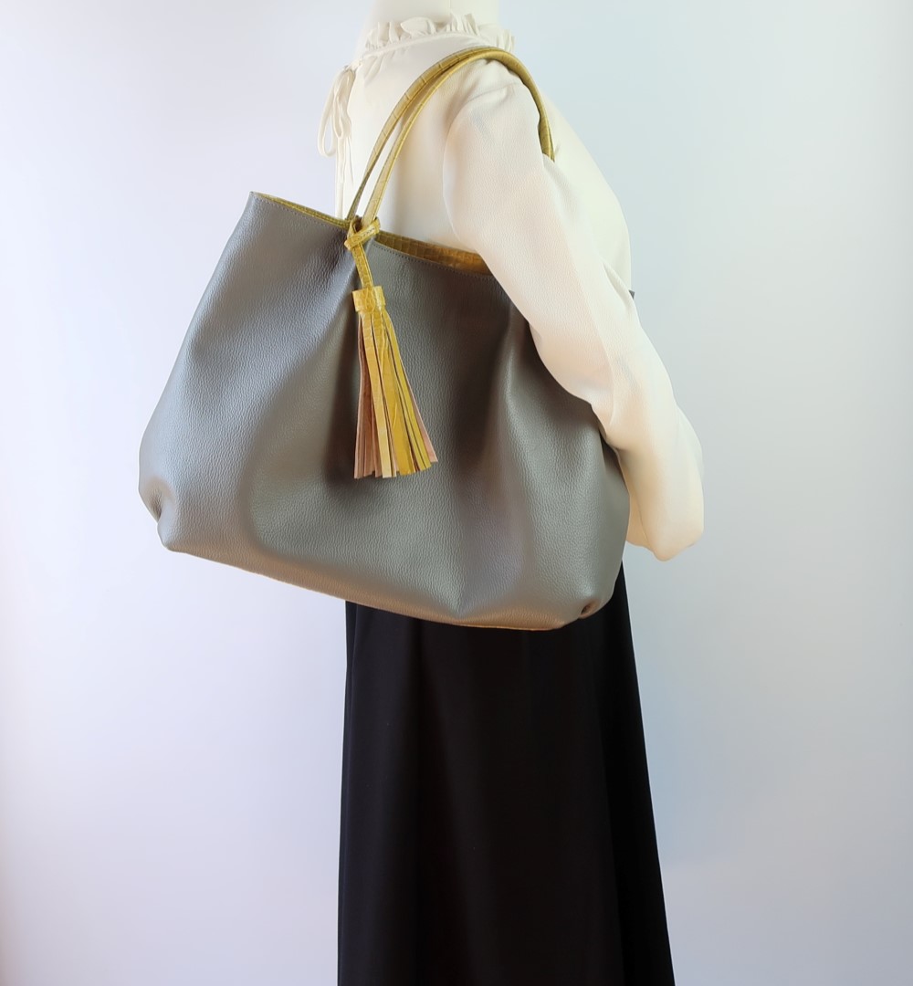 ふんわりタックトート(L)☆彡グレー×イエロー・受注製作・Ａ4サイズ