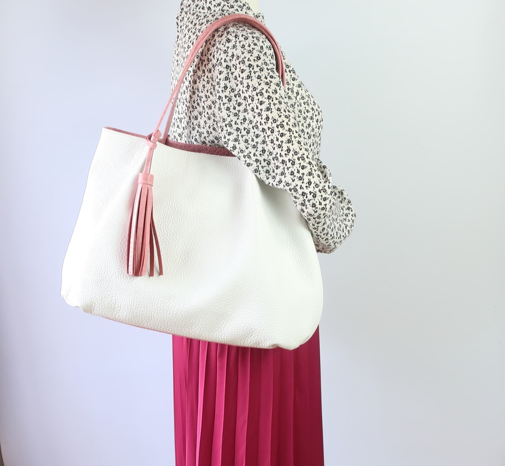 ふんわりタックトート(L)☆彡ホワイト×ピンク・受注製作・Ａ4サイズ