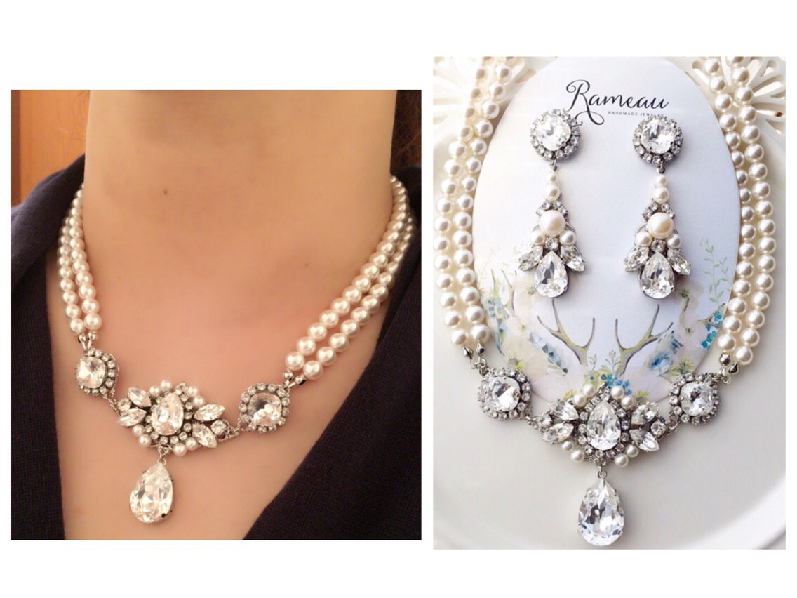 【シルバー×パール】Newパールビジュー♡Rameauブライダルアクセサリーセット(ピアスorイヤリング,ネックレス)