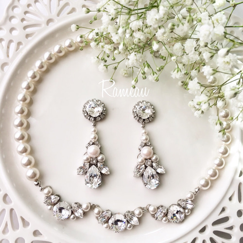 3連ビジューネックレス×パールビジューピアスorイヤリング♡Rameau 
