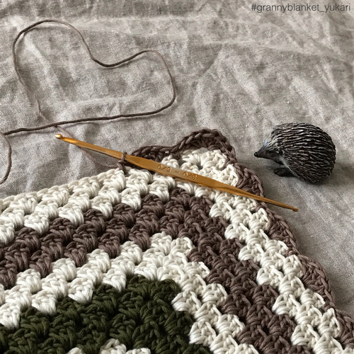 コットン*ブランケット スクエア Beige × Brown × Mossgreen