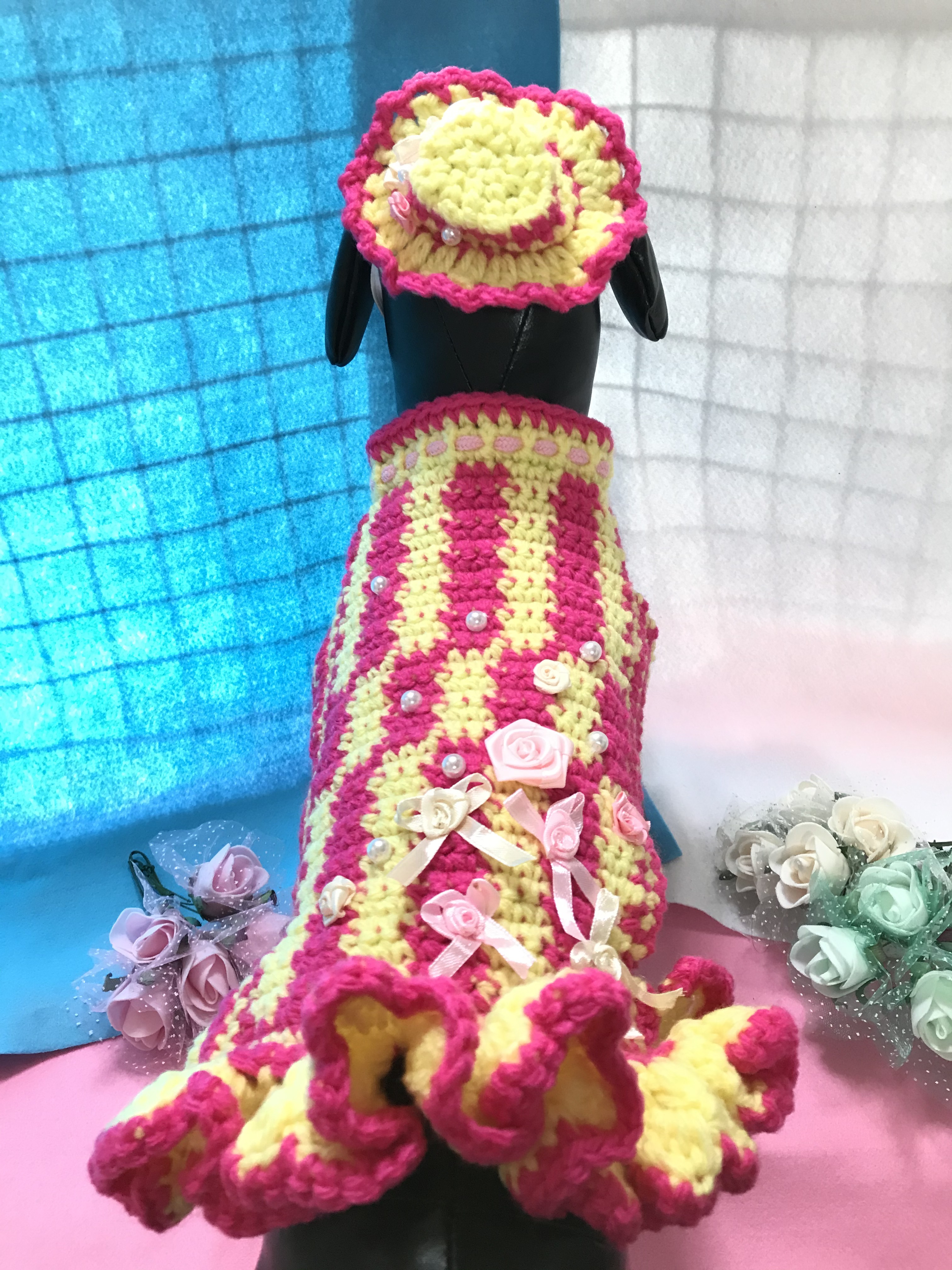 Only-わんオリジナル♡♡フリルいっぱいお洒落で可愛いあなただけのペットワンピース 手編み完全1点物！！