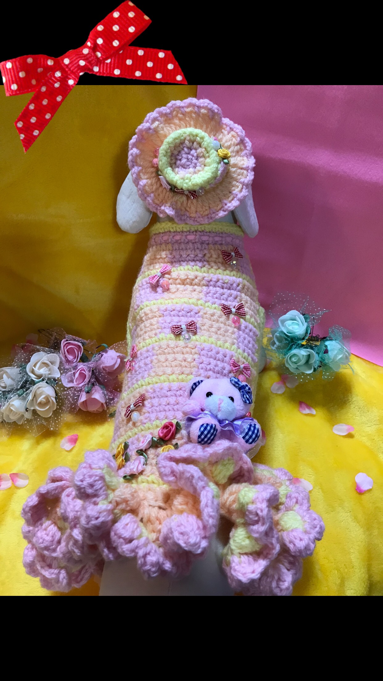 Only-わんオリジナル♡♡フリルいっぱいお洒落で可愛いあなただけのペットワンピース 手編み完全1点物！！